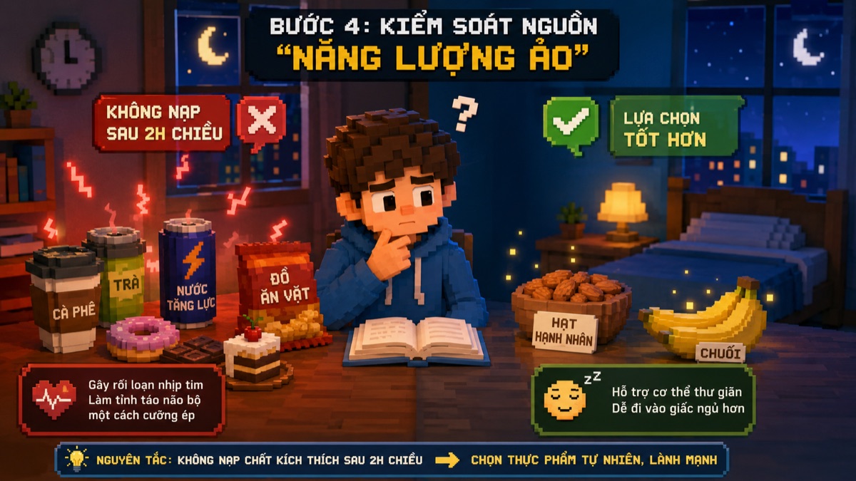Bước 4: kiểm soát nguồn năng lượng ảo — tránh cà phê, trà, nước tăng lực, đồ ăn vặt sau 2 giờ chiều