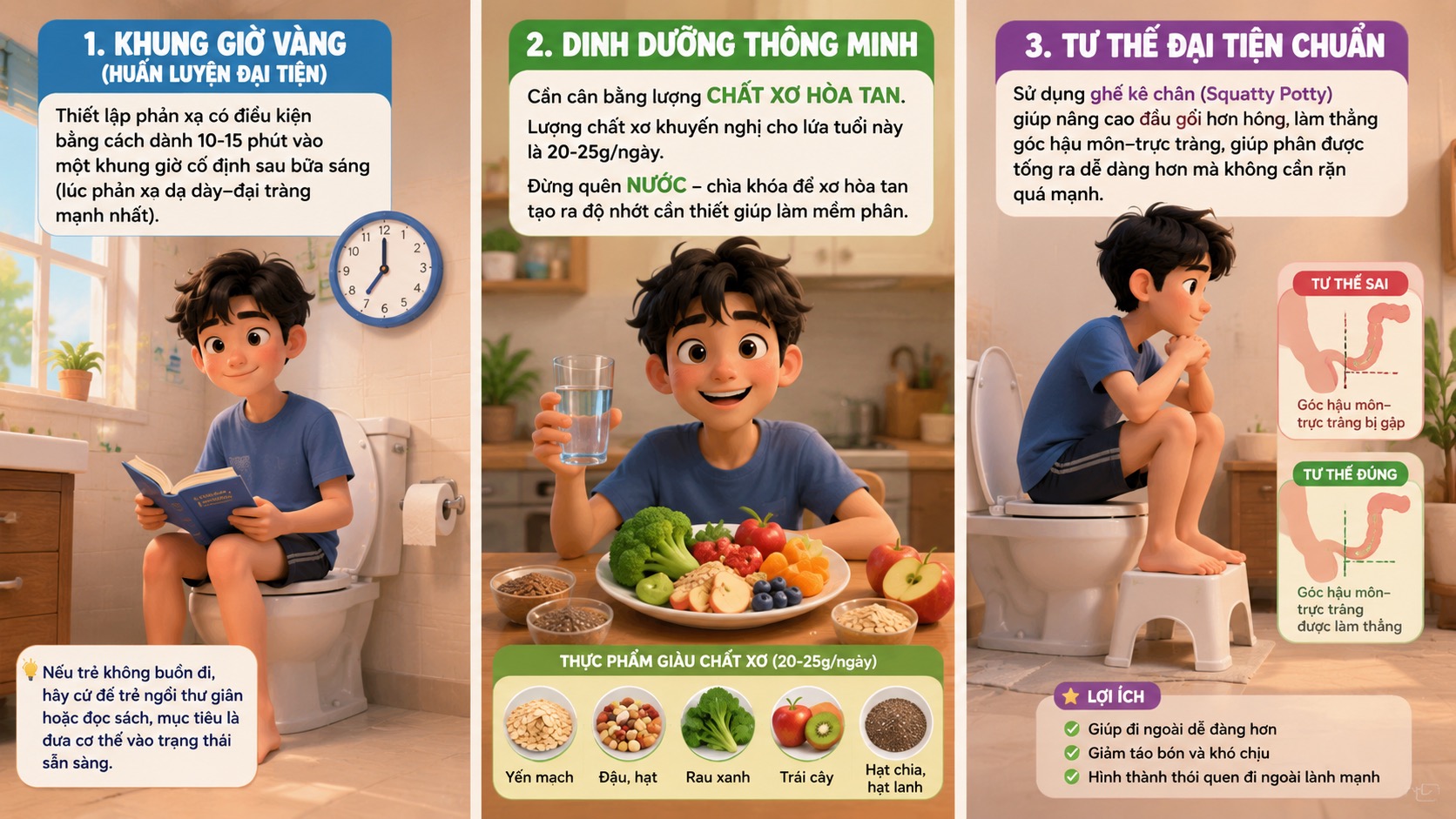 3 bước xử lý táo bón cho trẻ: khung giờ vàng, dinh dưỡng thông minh, tư thế đại tiện chuẩn