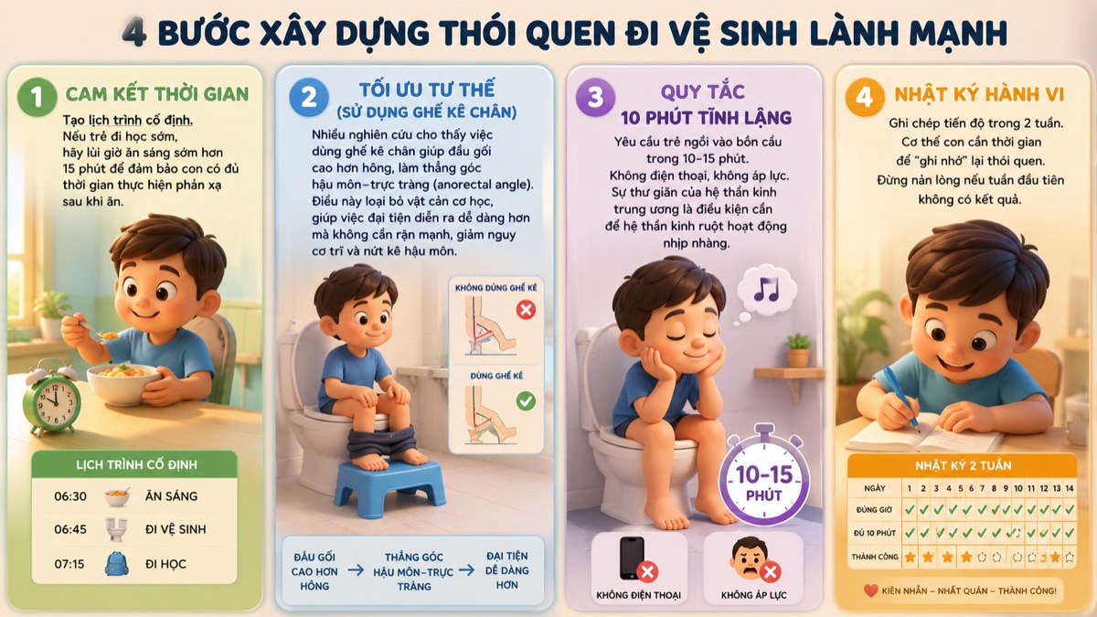 4 bước xây dựng thói quen đi vệ sinh lành mạnh: cam kết thời gian, tối ưu tư thế, 10 phút tĩnh lặng, nhật ký hành vi