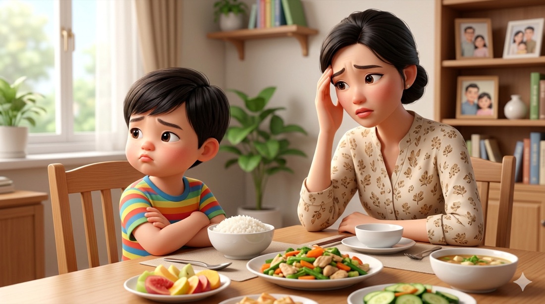 Bé ngồi trước mâm cơm với vẻ mặt không muốn ăn, mẹ lo lắng bên cạnh