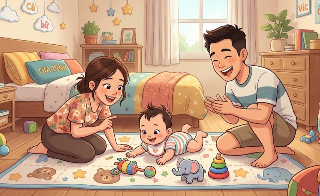Cha mẹ khuyến khích con vận động trên sàn