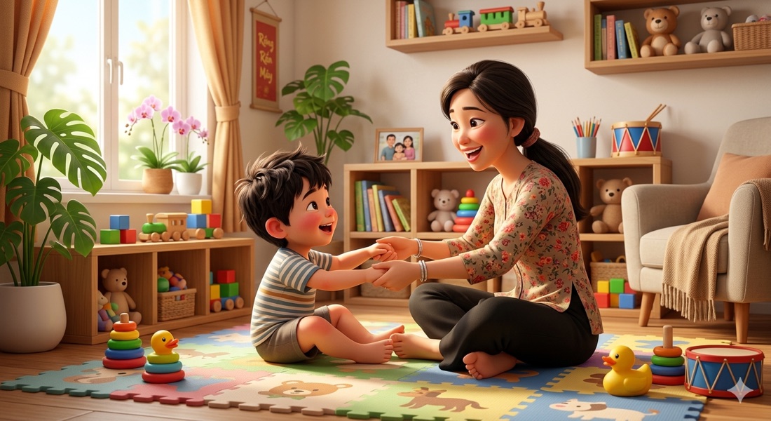 Mẹ và con vui vẻ chơi trò chơi tương tác, nhìn nhau mỉm cười